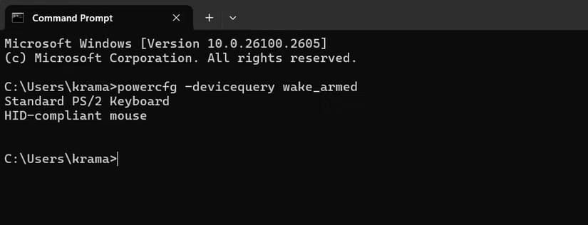 powercfg-devicequery-wake_armed-command-in-the-command-prompt-window حل نهائي لمشكلة استيقاظ الكمبيوتر تلقائيًا أثناء عدم الاستخدام