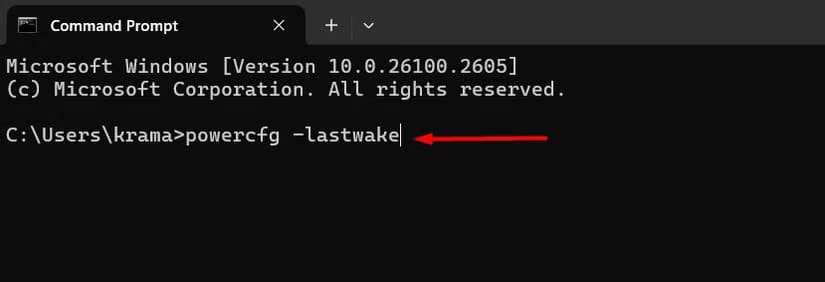 powercfg-lastwake-command-in-the-command-prompt-window حل نهائي لمشكلة استيقاظ الكمبيوتر تلقائيًا أثناء عدم الاستخدام