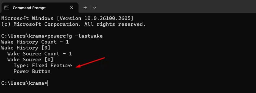 powercfg-lastwake-result-in-command-prompt-window حل نهائي لمشكلة استيقاظ الكمبيوتر تلقائيًا أثناء عدم الاستخدام