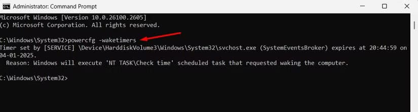 powercfg-waketimers-command-in-the-command-prompt-window حل نهائي لمشكلة استيقاظ الكمبيوتر تلقائيًا أثناء عدم الاستخدام