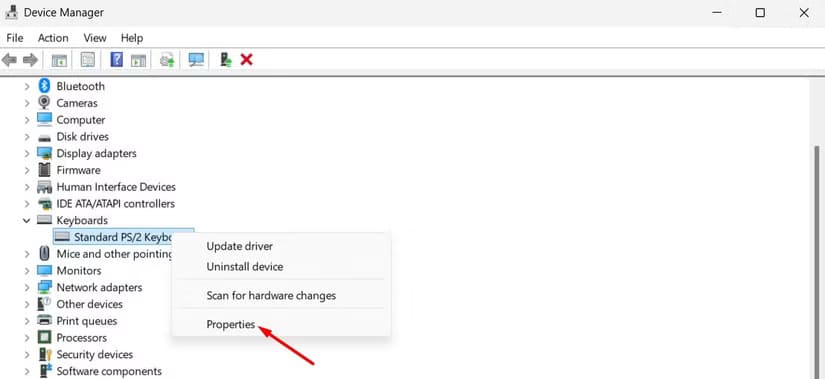 properties-option-in-the-device-manager حل نهائي لمشكلة استيقاظ الكمبيوتر تلقائيًا أثناء عدم الاستخدام