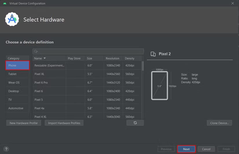 select-hardware-virtual-device-configuration-android-studio خطوات سهلة لإنشاء جهاز افتراضي باستخدام Android Studio