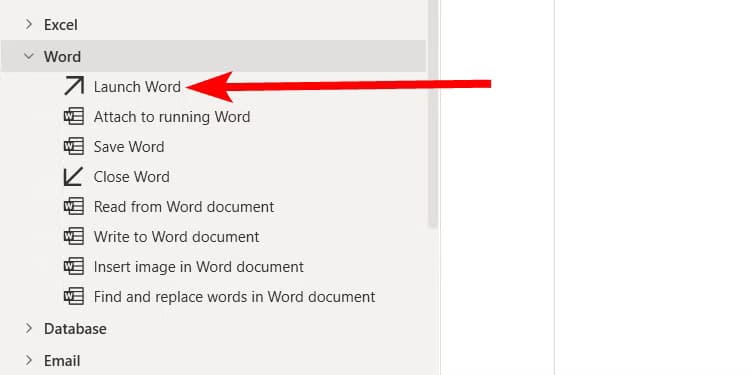 select-launch-word-action-power-automate-windows كيفية أتمتة المهام المتكررة باستخدام Power Automate لسطح المكتب