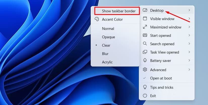 show-taskbar-border-option-in-the-translucenttb-settings طريقة جعل شريط المهام في Windows 11 أكثر شفافية وجاذبية