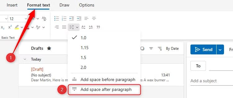 the-add-space-after-paragraph-option-in-new-outlook-is-selected طريقة إظهار الأحرف المخفية والرموز غير القابلة للطباعة في Outlook بسهولة