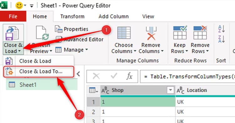 the-close-and-load-to-option-in-the-close-and-load-drop-down-menu-of-the-power-query-editor طرق سهلة لتنظيف واستيراد البيانات في Excel باستخدام Power Query