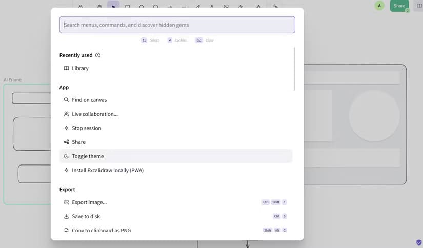 the-command-pallete-window-in-excalidraw كيف تبدو السبورة البيضاء عبر الإنترنت وكأنها قلم وورقة حقيقية