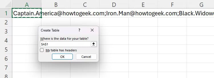 the-create-table-dialog-box-with-a1-identified-as-the-source-of-the-data-and-the-header-checkbox-unchecked طرق سهلة لتنظيف واستيراد البيانات في Excel باستخدام Power Query