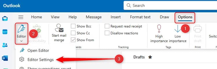 the-editor-settings-option-is-selected-in-the-editor-drop-down-of-the-options-tab-in-the-new-outlook طريقة إظهار الأحرف المخفية والرموز غير القابلة للطباعة في Outlook بسهولة