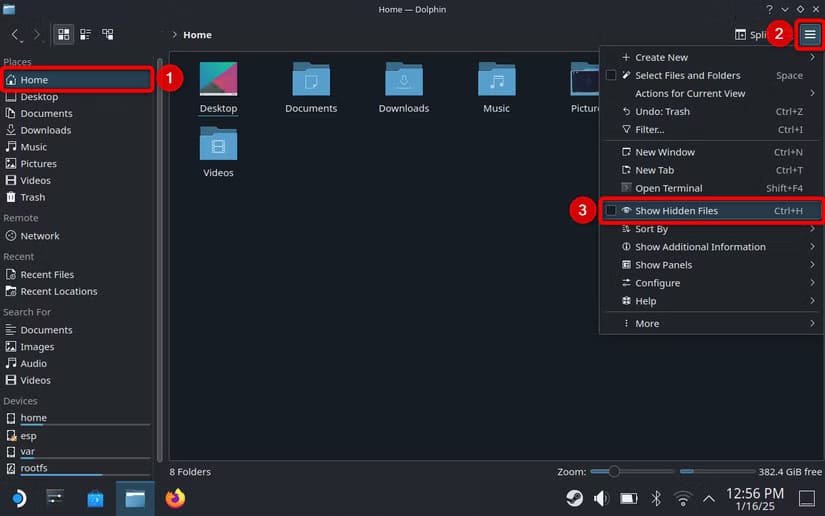 the-hamburger-menu-on-the-steam-deck-desktop-mode-file-manager أفضل 5 طرق لتخصيص فيديو بدء تشغيل Steam على Steam Deck ووضع Big Picture
