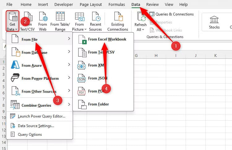 the-option-in-excel-to-extract-data-fom-an-excel-workbook-via-the-get-data-drop-down-in-the-data-tab طرق سهلة لتنظيف واستيراد البيانات في Excel باستخدام Power Query