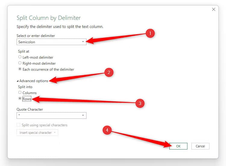 the-split-column-by-delimited-dialog-box-in-excel-s-power-query-with-semicolon-and-rows-selected طرق سهلة لتنظيف واستيراد البيانات في Excel باستخدام Power Query