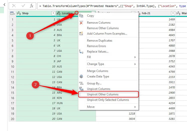 the-unpivot-other-columns-option-in-excel-s-power-query-editor-with-the-first-two-columns-selected-as-the-static-columns طرق سهلة لتنظيف واستيراد البيانات في Excel باستخدام Power Query
