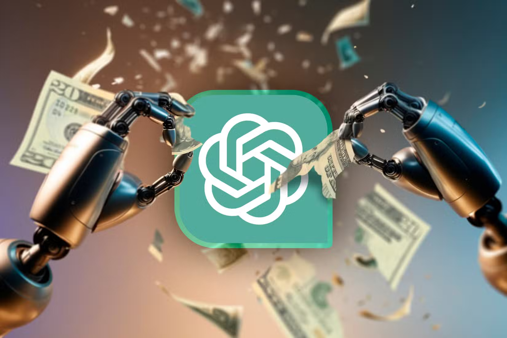 two-robotic-hands-tearing-a-dollar-bill-with-the-chatgpt-logo-in-the-center لماذا قد يتأخر تحسين أداء ChatGPT؟ إليك التفاصيل