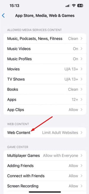 web-content-option-in-iphone كيفية ضبط حدود استخدام iPhone وiPad لأطفالك باستخدام ميزة المشاركة العائلية