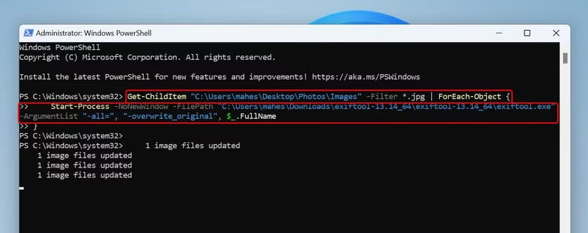 8-batch-clear-exif-data-powershell طرق فعّالة لحذف بيانات EXIF من صورك في Windows 11 لحماية خصوصيتك