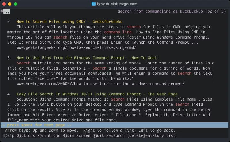 ddg-serp-text-browser كيفية البحث على الويب مباشرة من محطة طرفية Linux باستخدام أدوات بسيطة