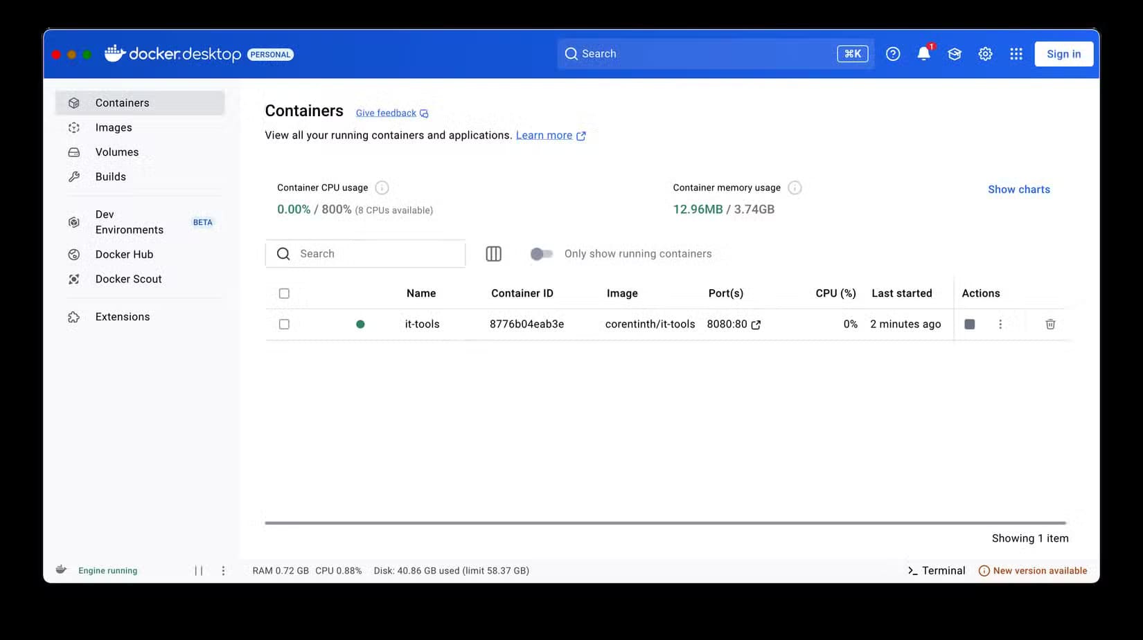 docker-desktop-showing-a-running-container لماذا تعلم Docker قد يكون أفضل قرار قبل الاستثمار في جهاز NAS