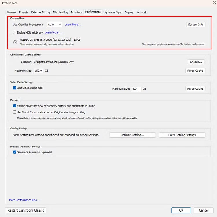 lightroom-cameraraw-gpu-settings طرق فعالة لتحسين أداء Lightroom Classic على جهاز الكمبيوتر