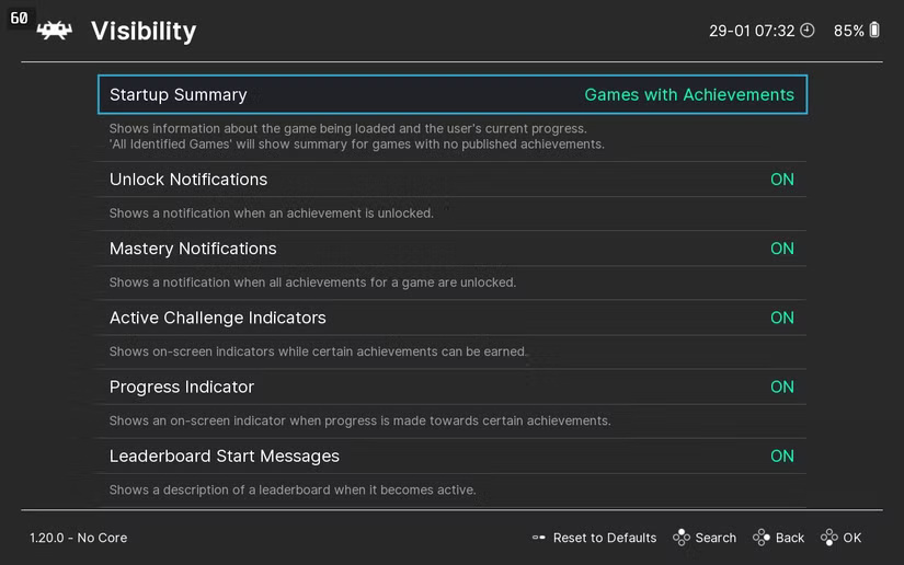 retroarch-settings-for-achievements-visibility طريقة سهلة لإضافة الإنجازات إلى RetroArch ومحاكيات الألعاب الأخرى
