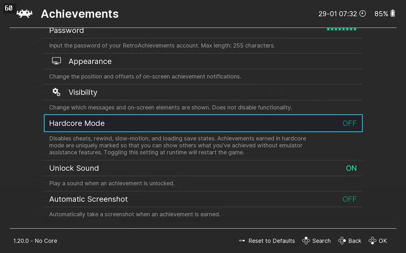retroarch-settings-for-hardcore-mode-in-achievements طريقة سهلة لإضافة الإنجازات إلى RetroArch ومحاكيات الألعاب الأخرى