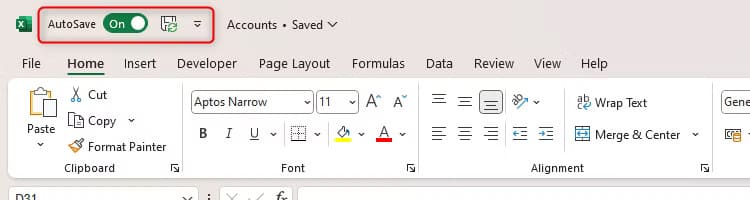 the-excel-quick-access-toolbar-displaying-the-default-save-and-autosave-buttons نصائح Excel السريعة لزيادة إنتاجيتك وتوفير الوقت في العمل