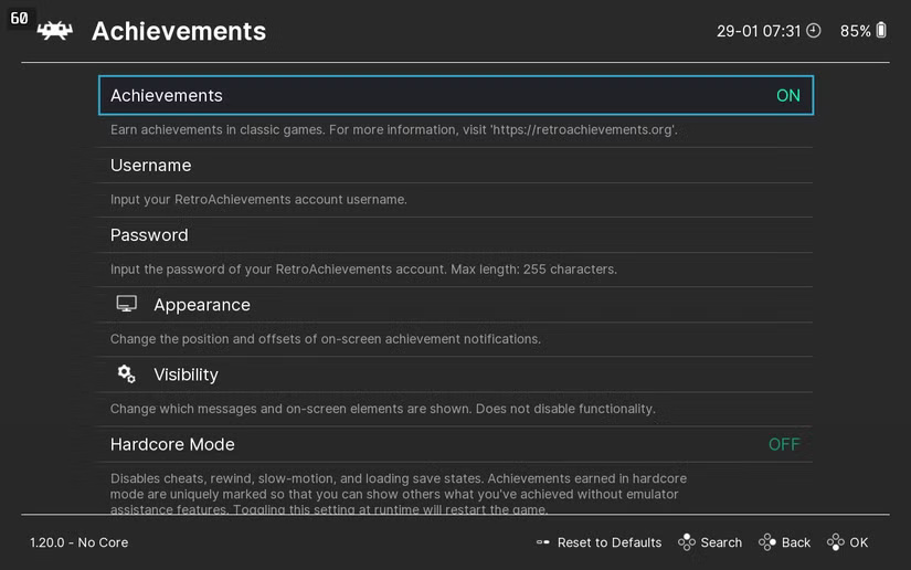 toggle-on-achievements-in-retroarch-settings طريقة سهلة لإضافة الإنجازات إلى RetroArch ومحاكيات الألعاب الأخرى