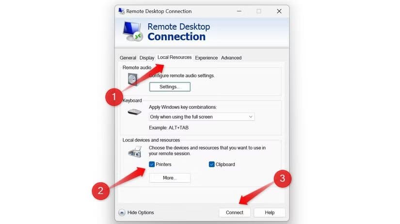 1-enabling-the-printers-option-in-the-remote-desktop-connection-settings-1 أفضل الطرق للاستفادة من سطح المكتب البعيد في Windows لإنجاز المهام بسهولة