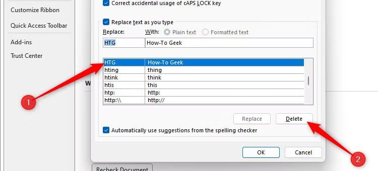 an-autocorrect-entry-in-word-is-selected-and-the-delete-button-is-highlighted طريقة سهلة لتسريع الكتابة في Microsoft Word باستخدام التصحيح التلقائي