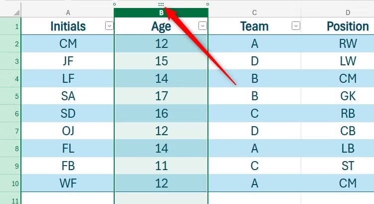 an-excel-for-the-web-worksheet-with-the-six-dot-click-and-drag-handle-at-the-top-of-column-b-highlighted ميزات جديدة في Excel للويب تجعل العمل على الجداول أسهل من أي وقت مضى