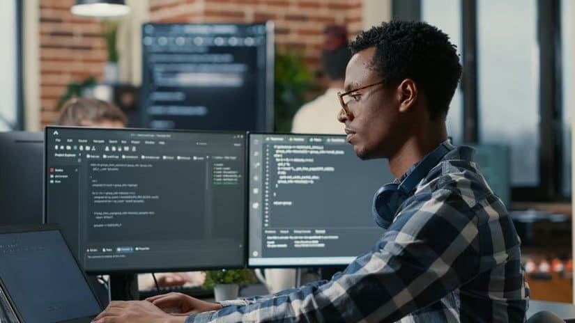 computer-programmer-multiple-monitors-laptop أفضل الطرق للاستفادة من سطح المكتب البعيد في Windows لإنجاز المهام بسهولة