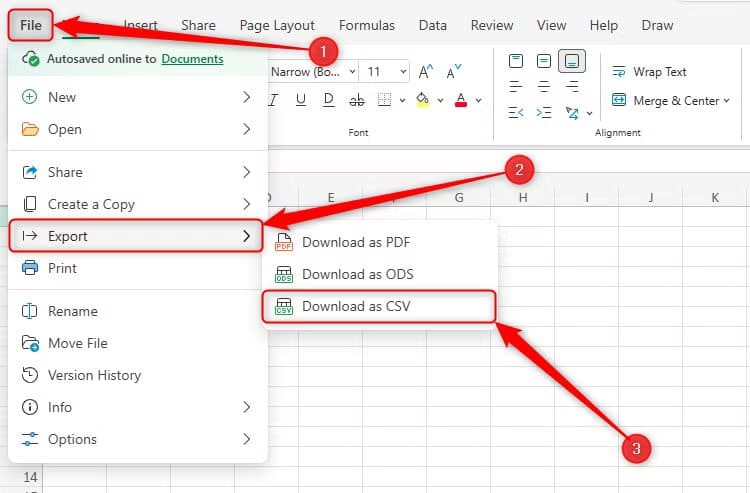 the-file-menu-in-excel-for-the-web-is-expanded-and-export-and-download-a-csv-are-selected ميزات جديدة في Excel للويب تجعل العمل على الجداول أسهل من أي وقت مضى