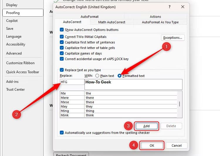the-formatted-text-radio-button-is-checked-in-microsoft-word-s-autocorrect-dialog-box-and-the-words-how-to-geek-are-displayed-in-bold طريقة سهلة لتسريع الكتابة في Microsoft Word باستخدام التصحيح التلقائي