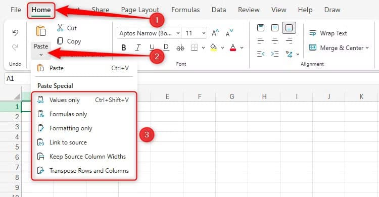 the-paste-special-options-in-excel-for-the-web ميزات جديدة في Excel للويب تجعل العمل على الجداول أسهل من أي وقت مضى
