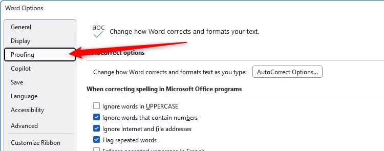 the-proofing-tab-in-the-word-options-window طريقة سهلة لتسريع الكتابة في Microsoft Word باستخدام التصحيح التلقائي