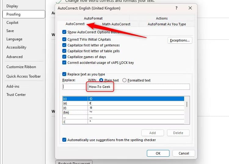 the-words-how-to-geek-are-in-the-with-field-of-microsoft-word-s-autocorrect-dialog-box طريقة سهلة لتسريع الكتابة في Microsoft Word باستخدام التصحيح التلقائي