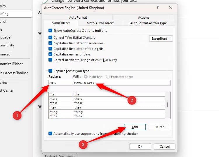 word-s-autocorrect-dialog-box-with-htg-typed-into-the-replace-field-how-to-geek-typed-into-the-with-field-and-the-add-button-highlighted-1 طريقة سهلة لتسريع الكتابة في Microsoft Word باستخدام التصحيح التلقائي