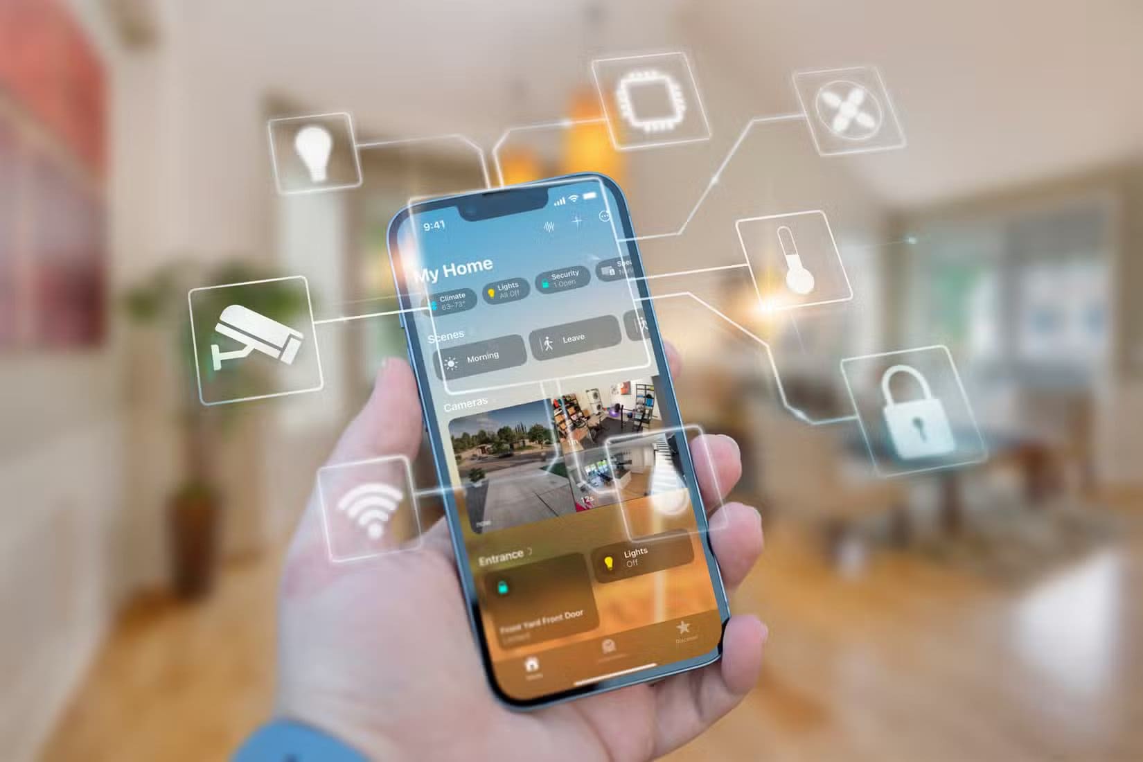 an-iphone-showing-some-smart-home-scenes-with-some-icons-around كيف تمنح أجهزتك القديمة حياة جديدة في المنزل الذكي