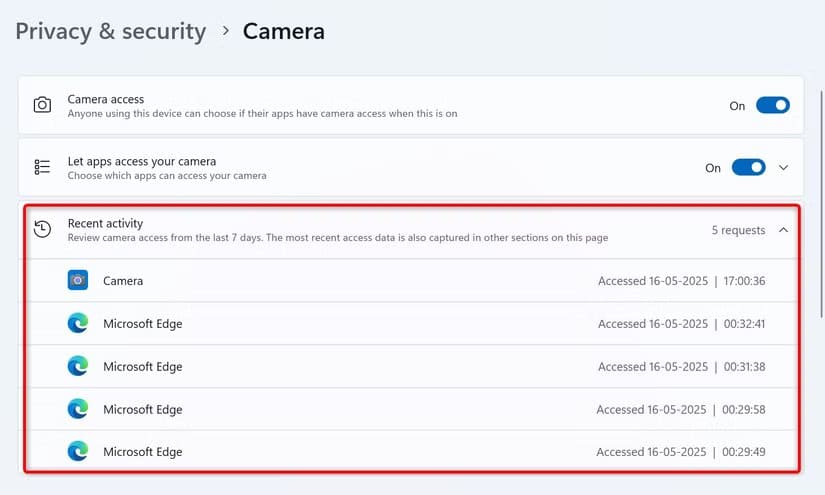 4-camera-mic-recent-activity اكتشف بنفسك من يراقب الكاميرا والميكروفون على Windows 11