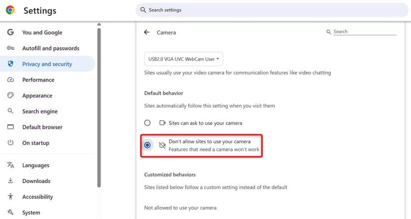 6-disable-camera-chrome اكتشف بنفسك من يراقب الكاميرا والميكروفون على Windows 11