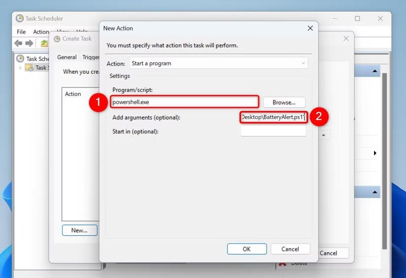 7-battery-level-task-action الحل النهائي لتفعيل تنبيهات البطارية المخصصة على Windows 11