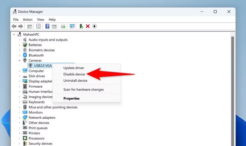 9-disable-camera-device-manager اكتشف بنفسك من يراقب الكاميرا والميكروفون على Windows 11