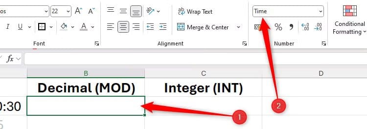 a-cell-in-excel-is-selected-and-the-time-number-format-is-selected-in-the-number-group دالة MOD في Excel لحل مسائل عملية بخطوات بسيطة