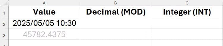 a-date-time-value-in-cell-a2-in-excel-and-the-corresponding-serial-number-in-cell-a3 دالة MOD في Excel لحل مسائل عملية بخطوات بسيطة