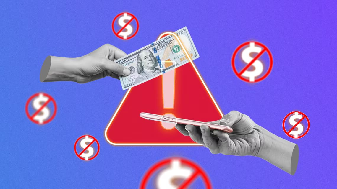 a-hand-holding-a-dollar-bill-another-hand-holding-a-smartphone-several-crossed-out-dollar-signs-around-and-a-warning-sign-in-the-background كيفية فحص جهاز Mac مستعمل قبل الشراء