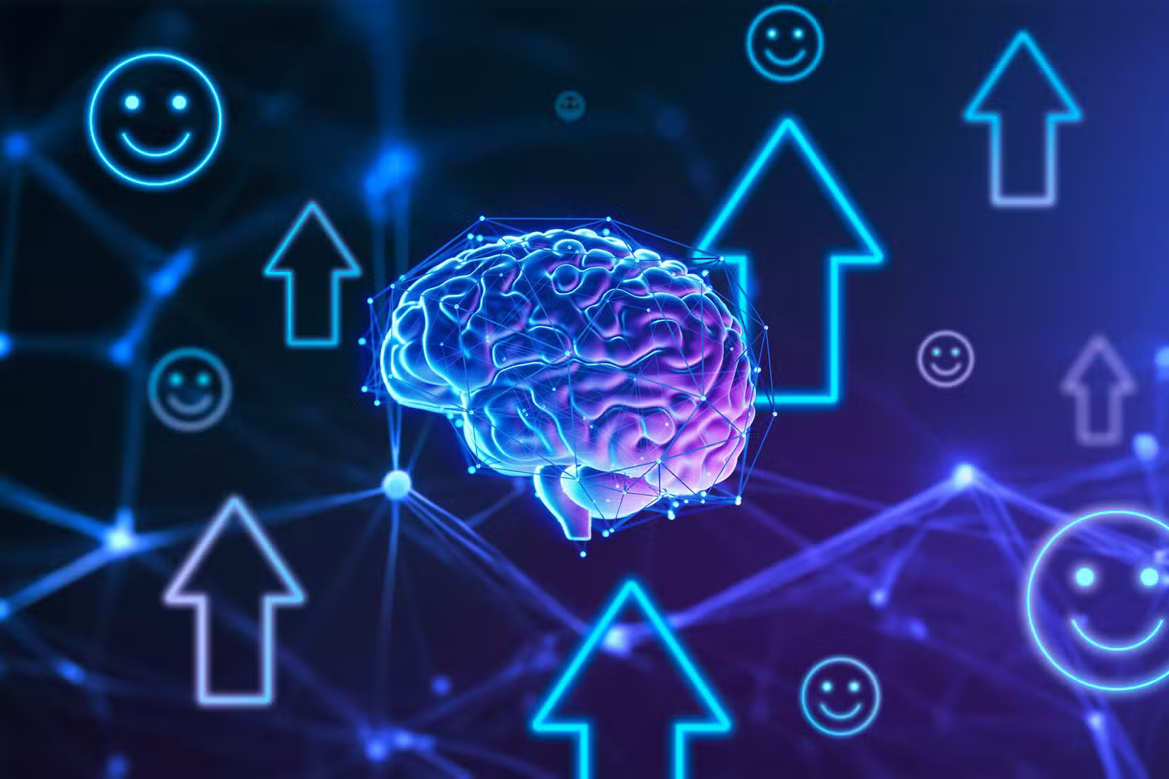 a-human-brain-surrounded-by-arrows-and-happy-face-icons-and-technology-network-nodes-and-lines-in-the-background هل يستطيع الذكاء الاصطناعي تفسير إشارات الدماغ وفهم أفكار البشر