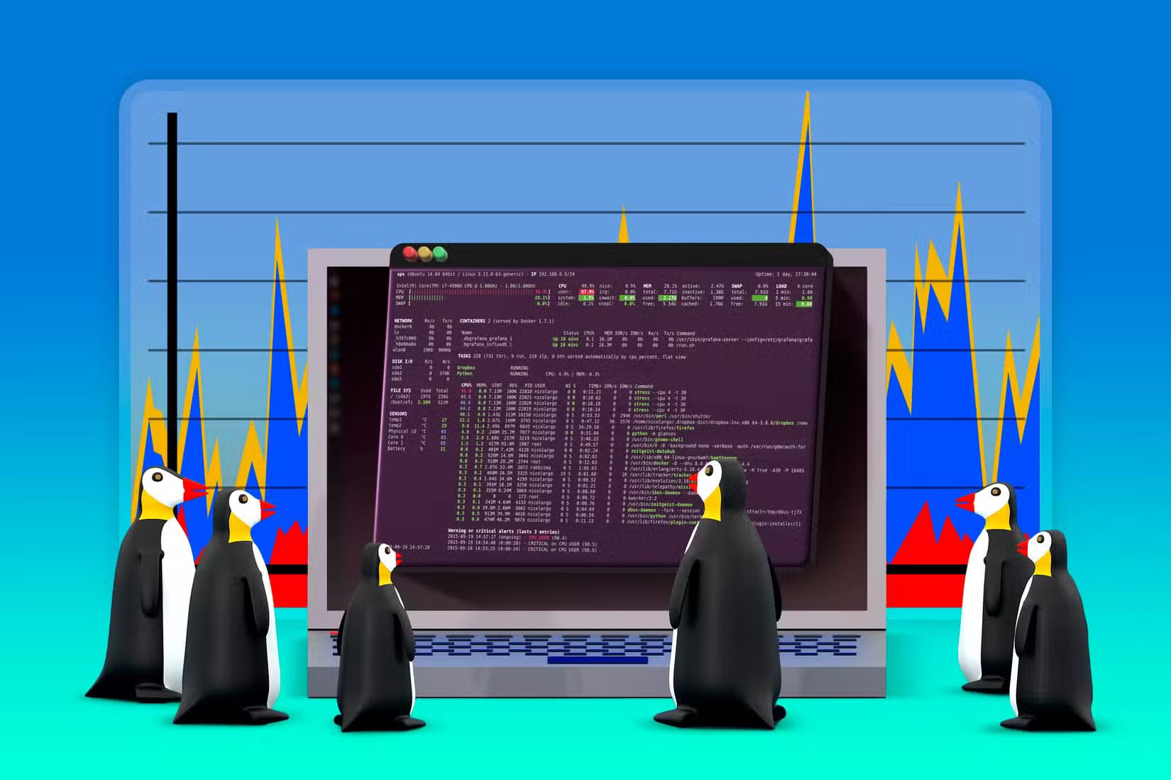 a-linux-laptop-with-the-terminal-open-several-penguins-looking-at-the-screen-and-a-performance-graph-in-the-background الفروق الحقيقية بين Linux و ChromeOS عند الاستخدام اليومي