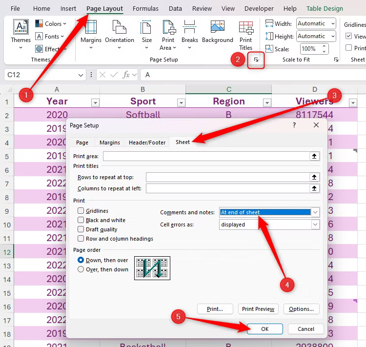 at-end-of-sheet-is-selected-in-the-print-section-of-the-sheet-tab-in-the-page-setup-dialog-box-in-excel ما الفرق بين الملاحظات والتعليقات في Excel