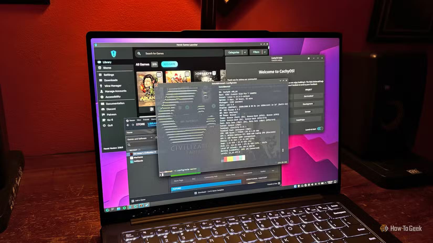 cachyos-running-steam-heroic-games-launcher-and-the-cachyos-hello-app مزايا تجعل GNOME مناسبًا لمستخدمي لينكس الجدد والمحترفين