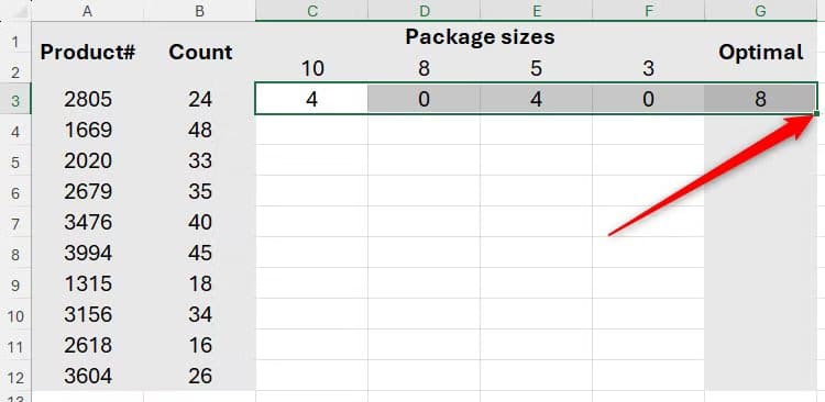 cells-c3-to-g3-are-selected-and-the-fill-handle-which-can-be-double-clicked-to-duplicate-the-formula-down-the-range-is-highlighted دالة MOD في Excel لحل مسائل عملية بخطوات بسيطة